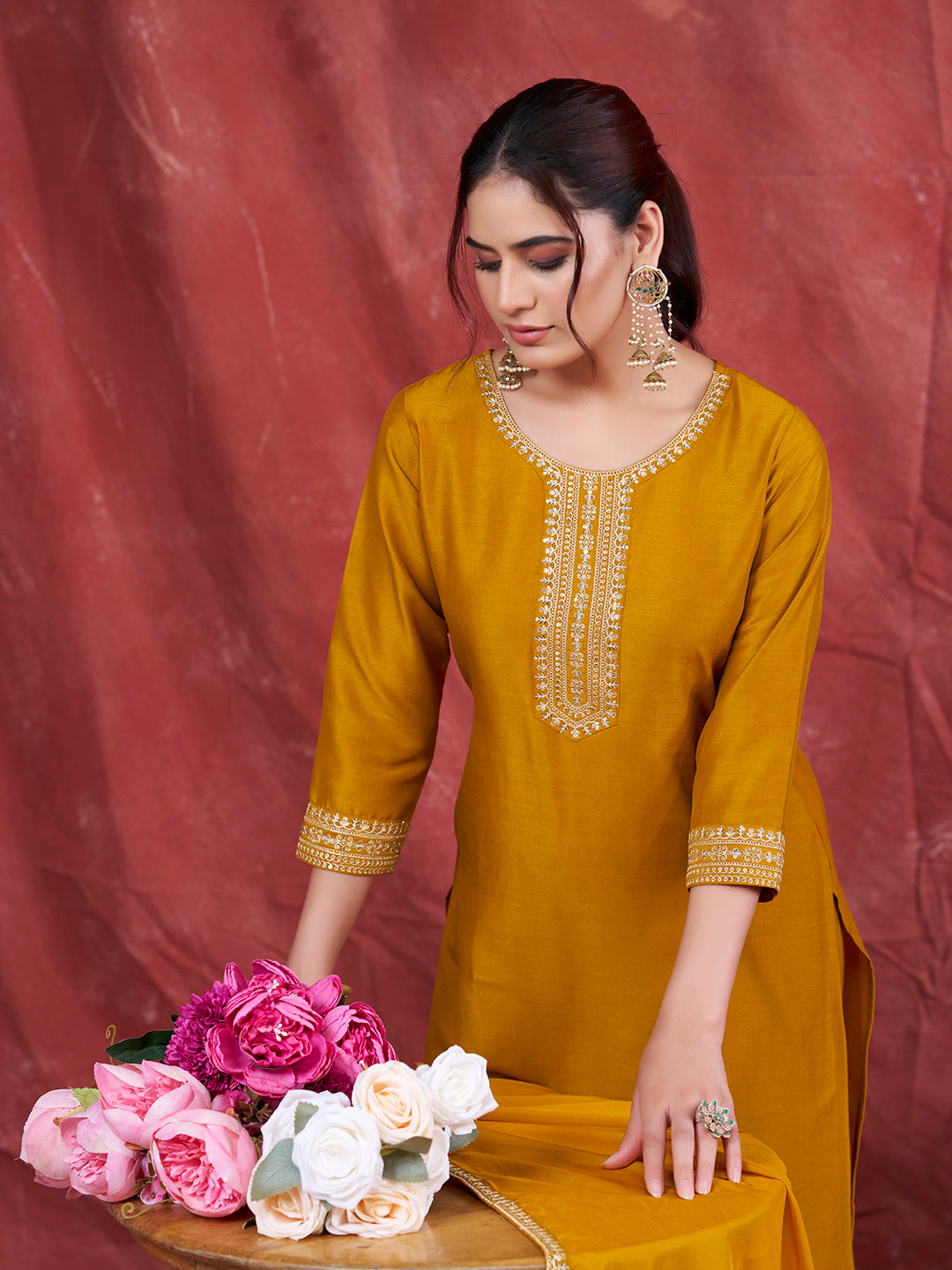 Mustard Embroidered Chinon Kurta with Dupatta Set