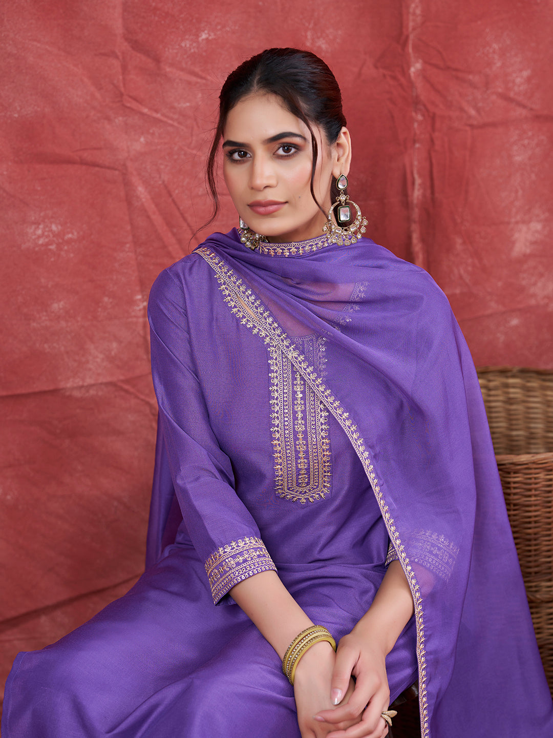 Lavender Embroidered Chinon Kurta with Dupatta Set