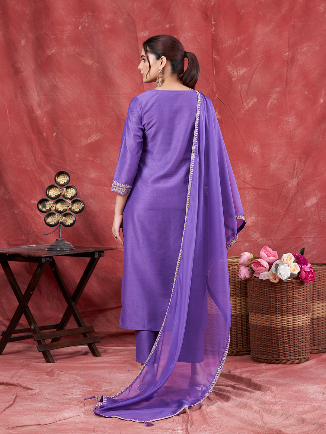 Lavender Embroidered Chinon Kurta with Dupatta Set