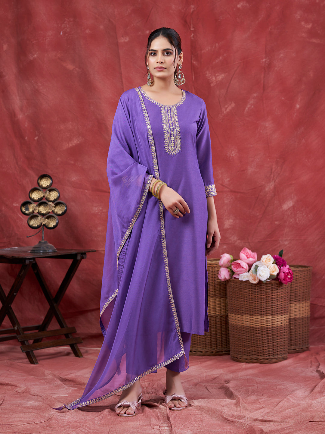 Lavender Embroidered Chinon Kurta with Dupatta Set