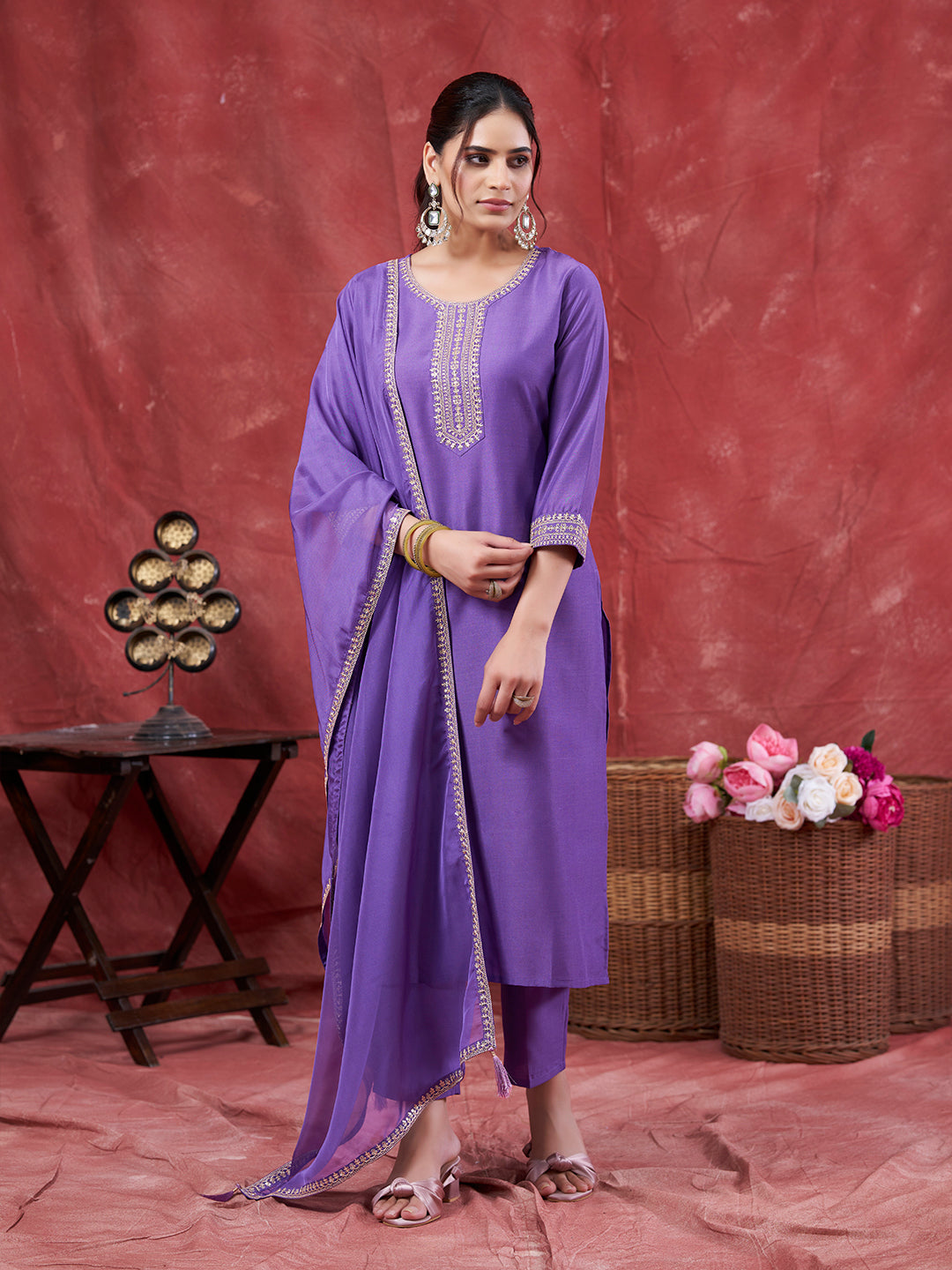 Lavender Embroidered Chinon Kurta with Dupatta Set