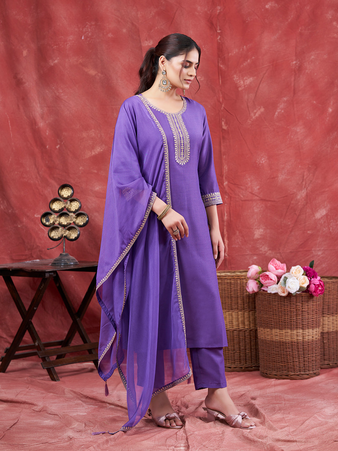 Lavender Embroidered Chinon Kurta with Dupatta Set