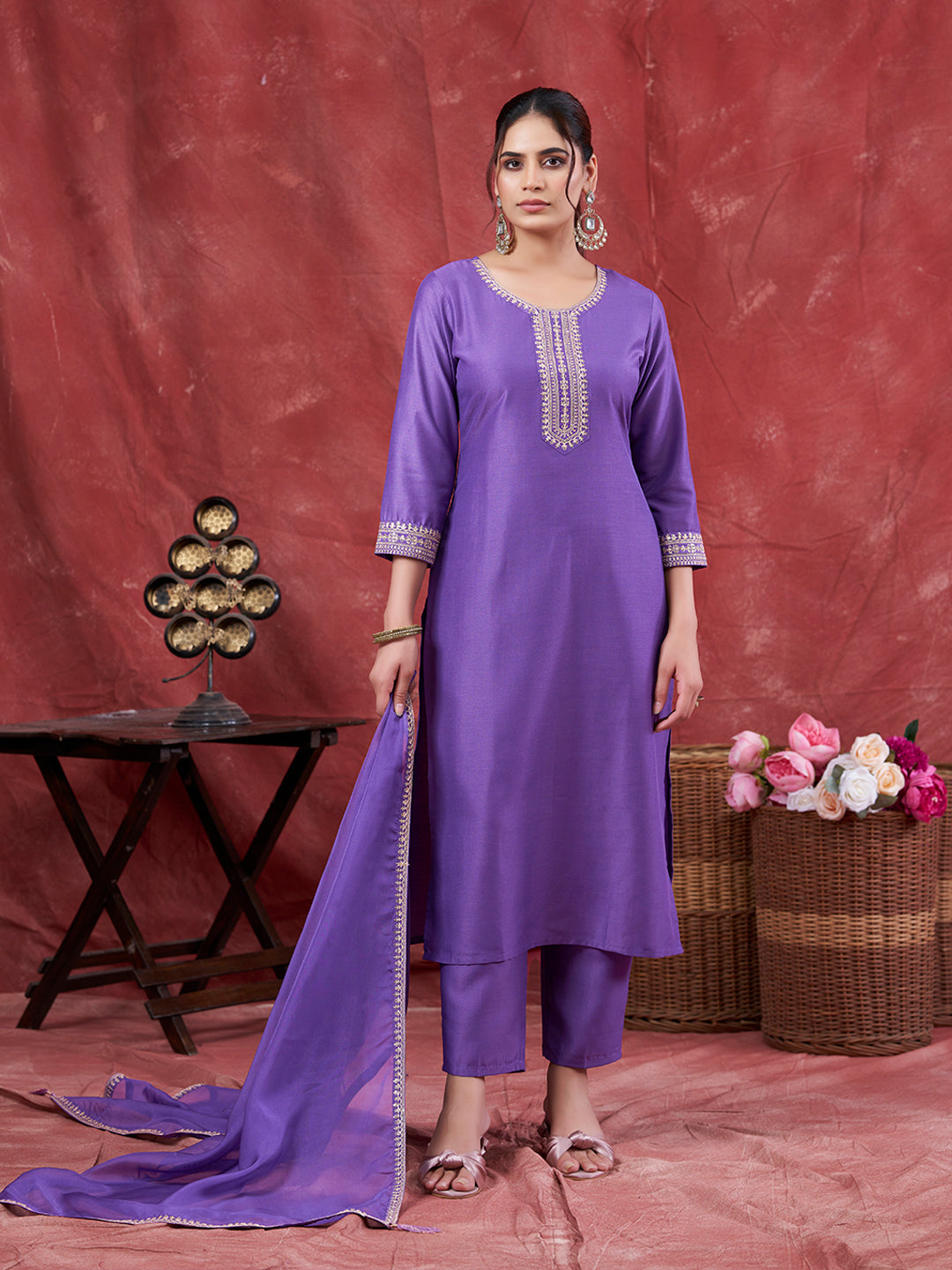 Lavender Embroidered Chinon Kurta with Dupatta Set