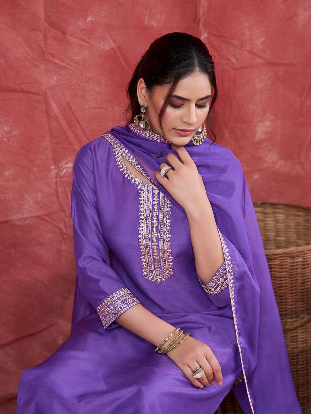 Lavender Embroidered Chinon Kurta with Dupatta Set