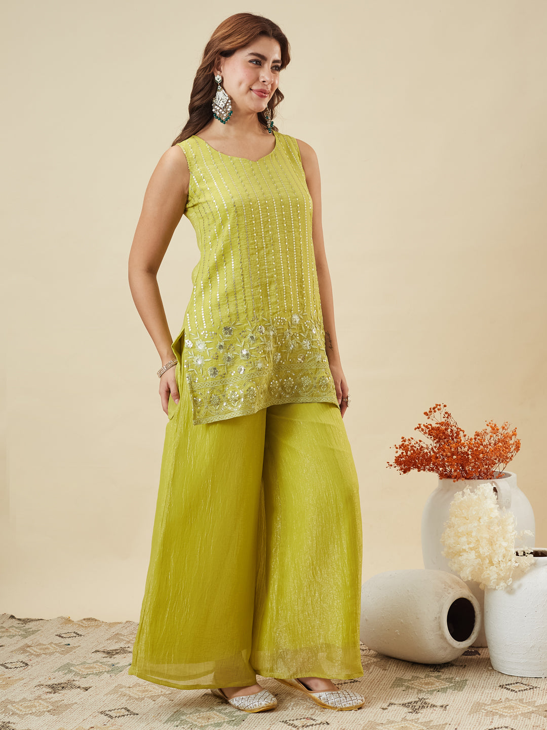 Neon Silk Embroidered Palazzo Suit with Dupatta | without dupatta image
