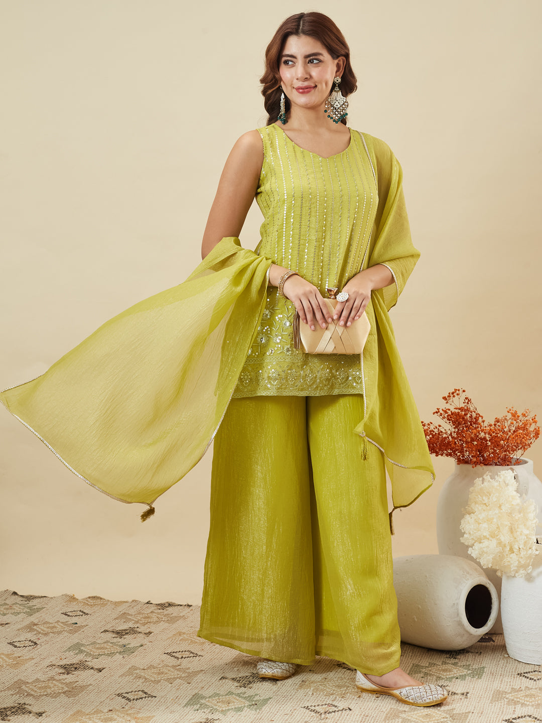 Neon Silk Embroidered Palazzo Suit with Dupatta