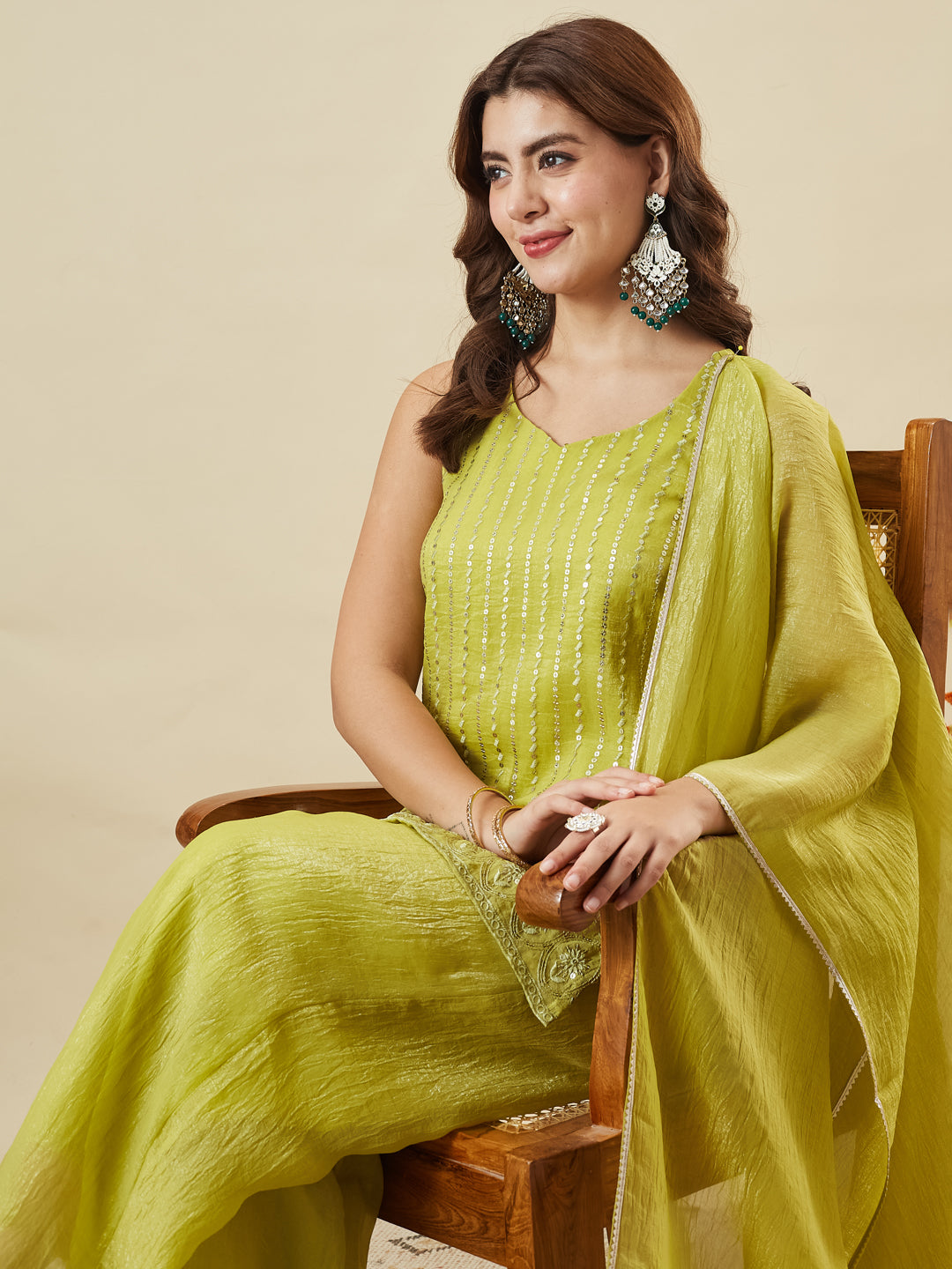 Neon Silk Embroidered Palazzo Suit with Dupatta