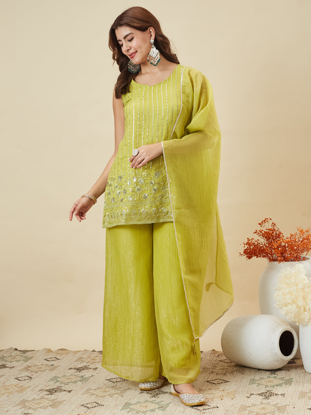 Neon Silk Embroidered Palazzo Suit with Dupatta