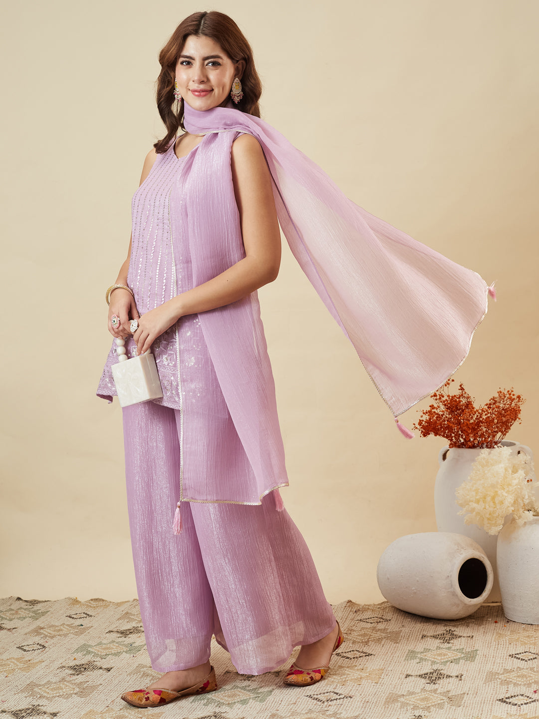 Lavender Silk Embroidered Palazzo Suit with Dupatta
