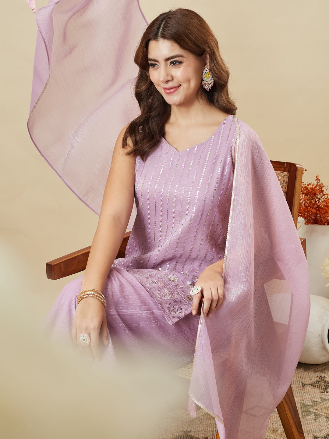 Lavender Silk Embroidered Palazzo Suit with Dupatta