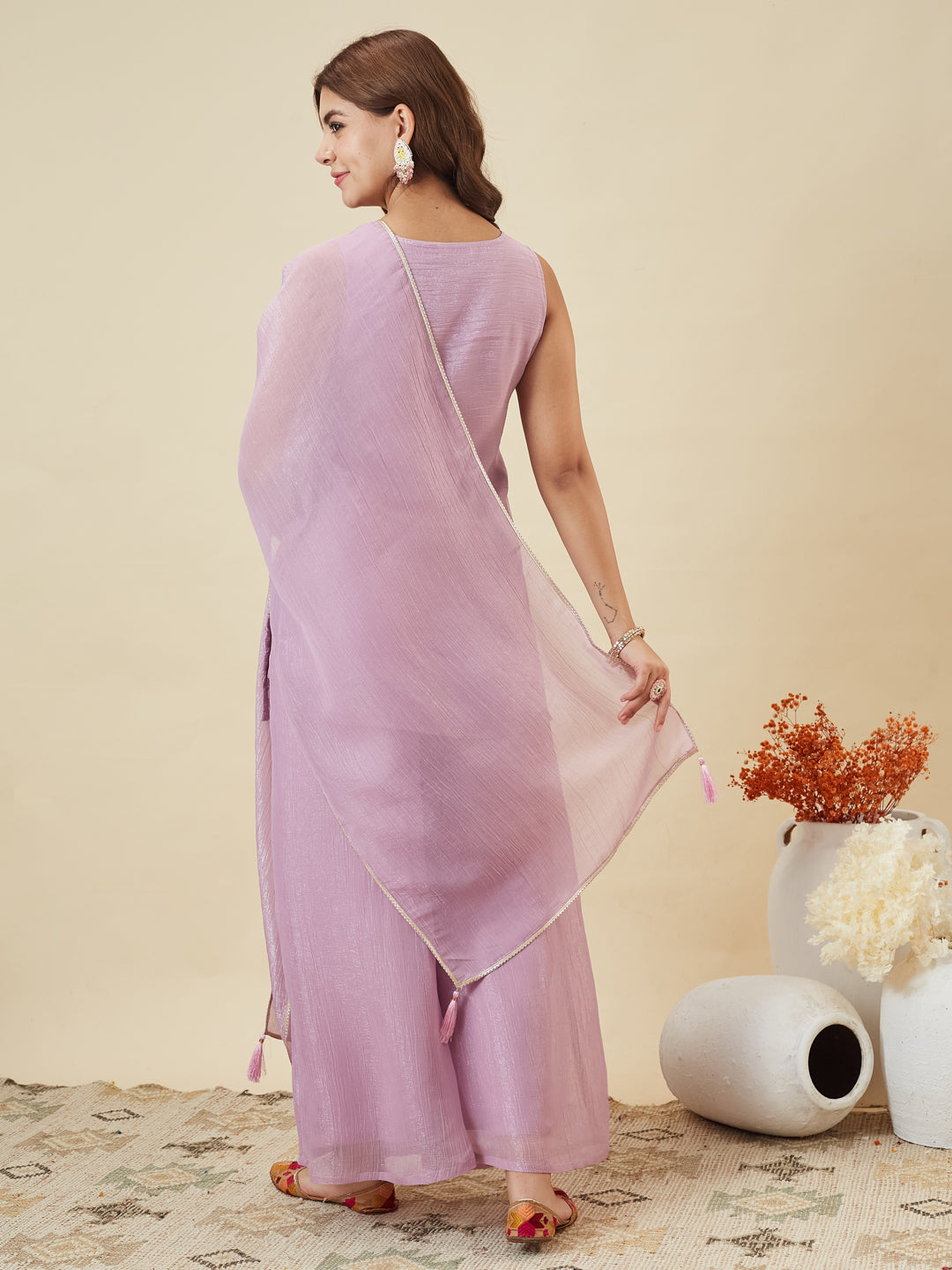 Lavender Silk Embroidered Palazzo Suit with Dupatta