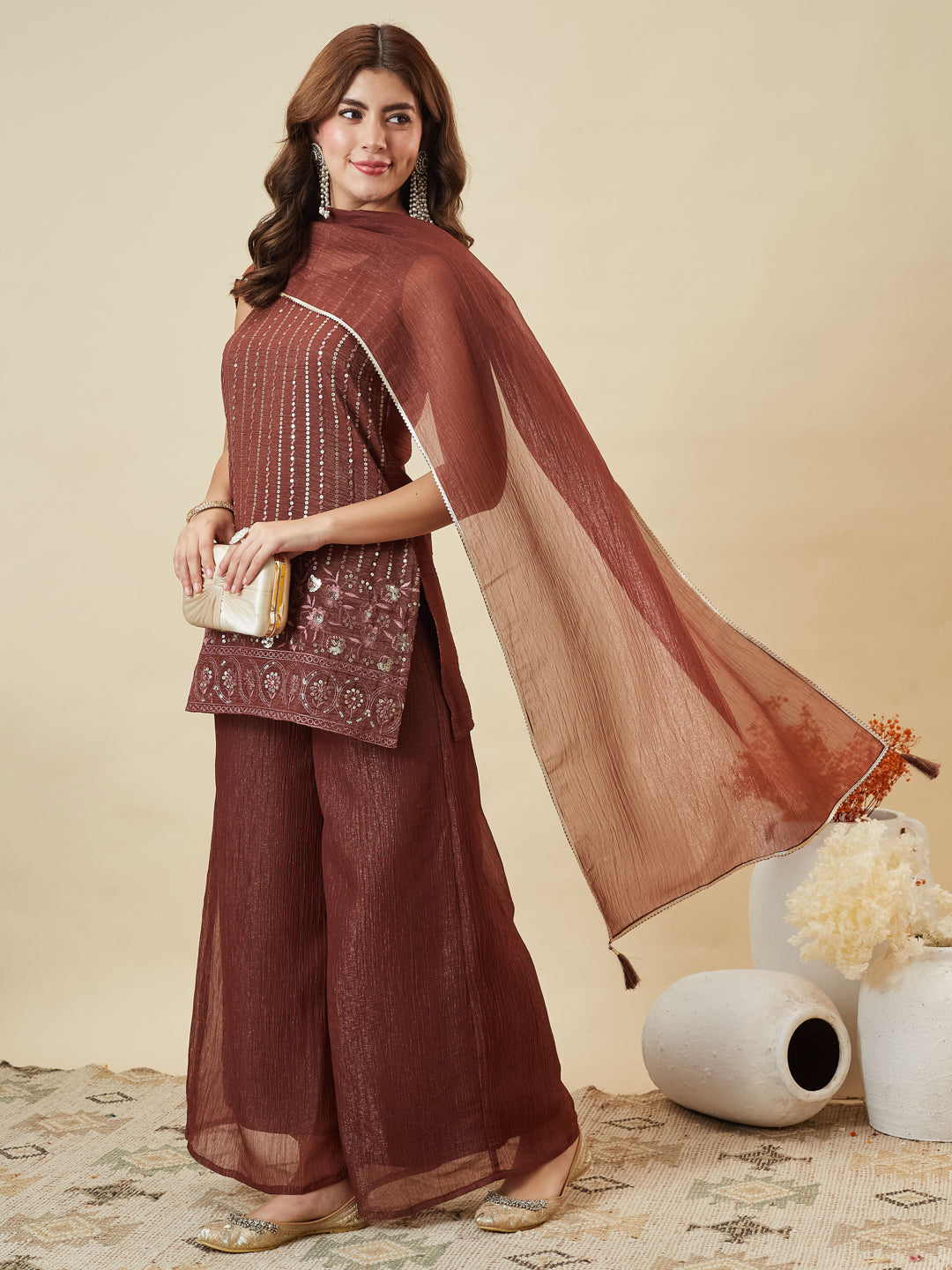 Coffee Silk Embroidered Straight Suit Set with Dupatta | right side full image