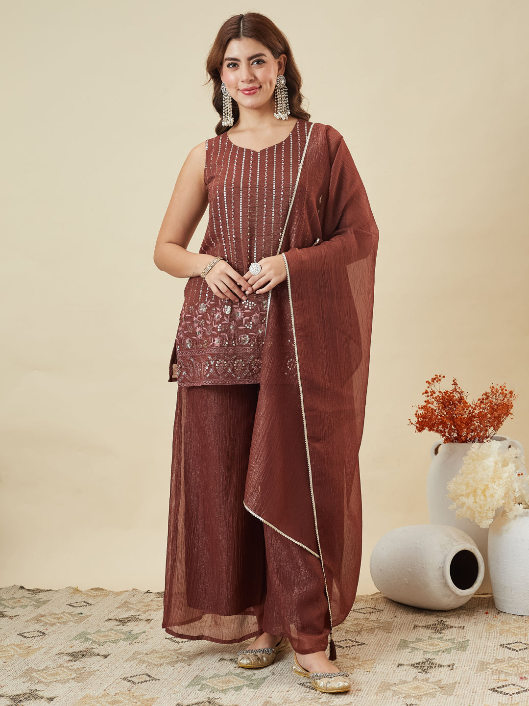 Coffee Silk Embroidered Straight Suit Set with Dupatta | Left side dupatta full image