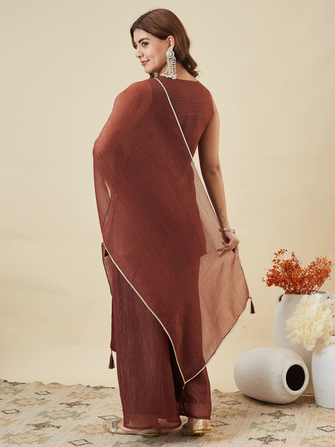 Coffee Silk Embroidered Straight Suit Set with Dupatta | back side full image