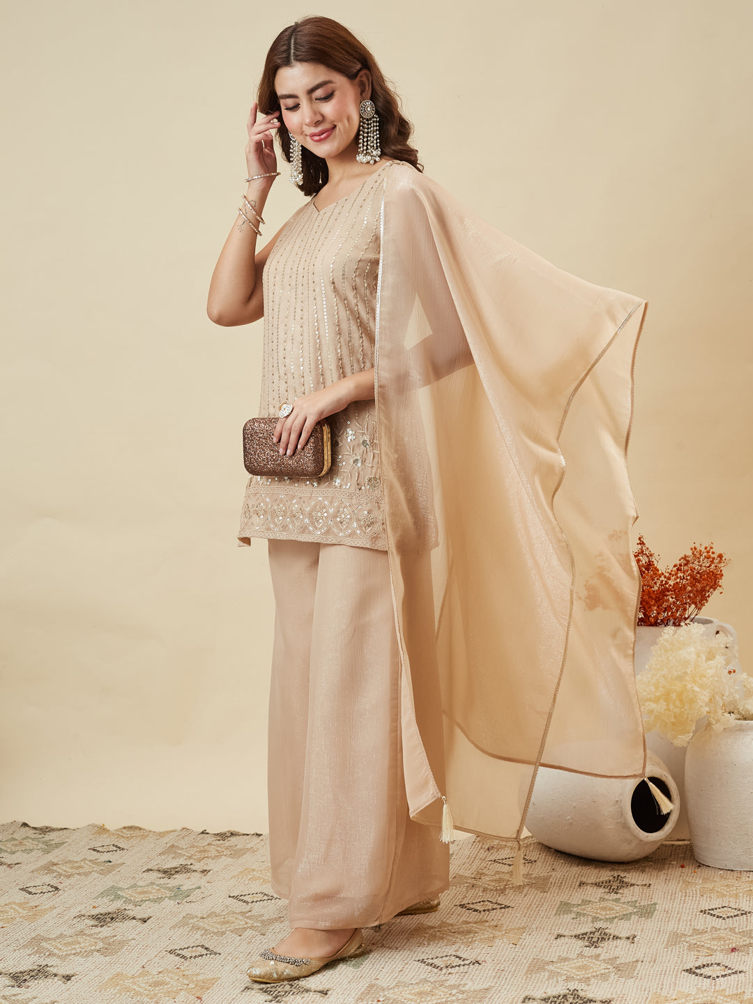 Beige Silk Embroidered Straight Suit Set with Dupatta | right side full image