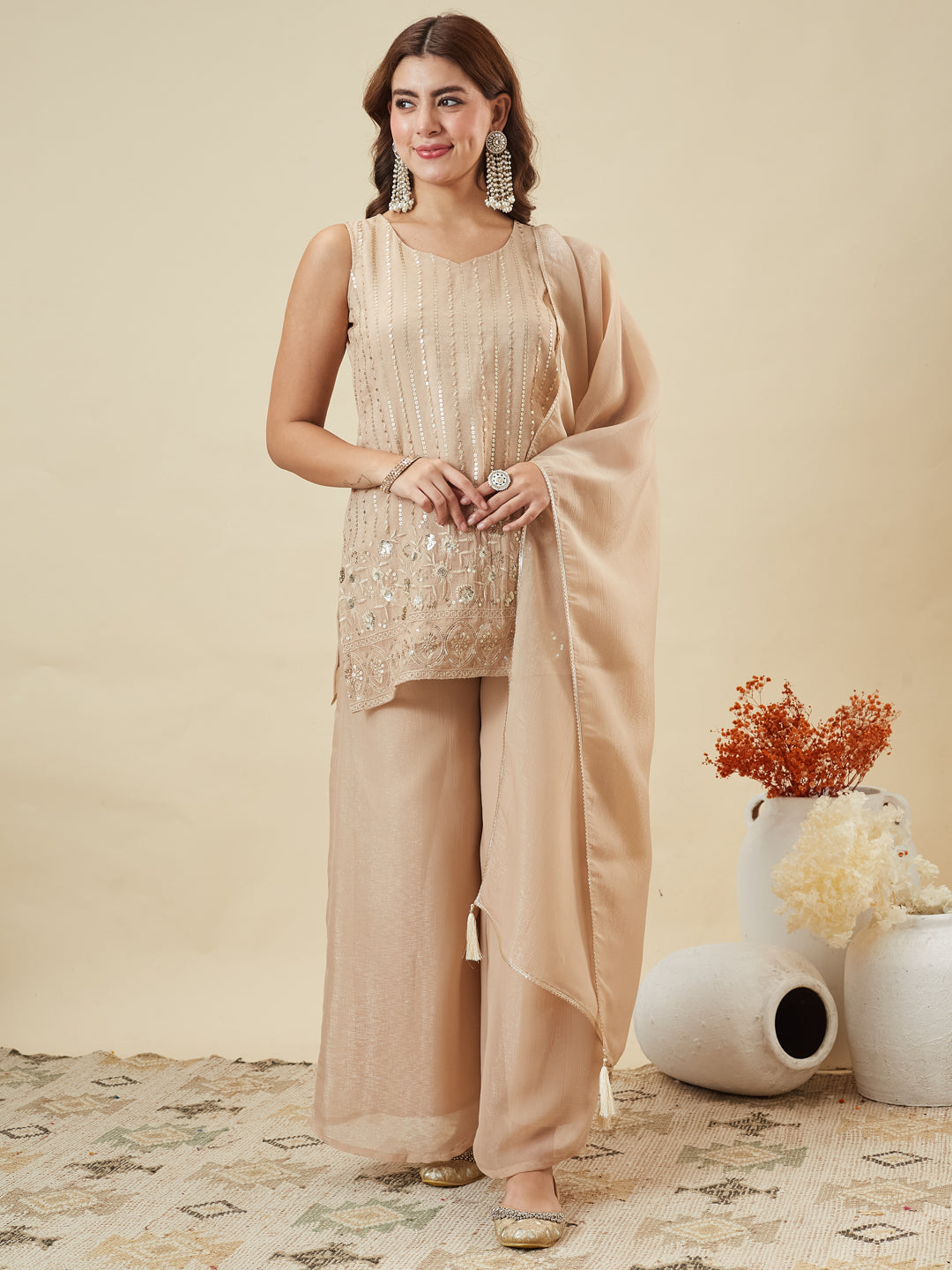 Beige Silk Embroidered Straight Suit Set with Dupatta | left side dupatta image