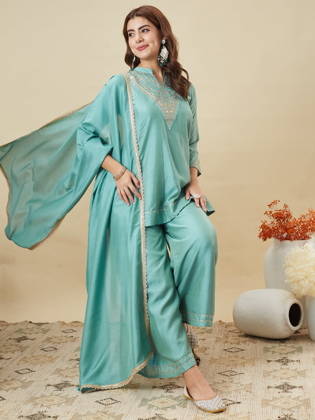 C-Green Silk Embroidered Kurta Sharara Suit With Dupatta