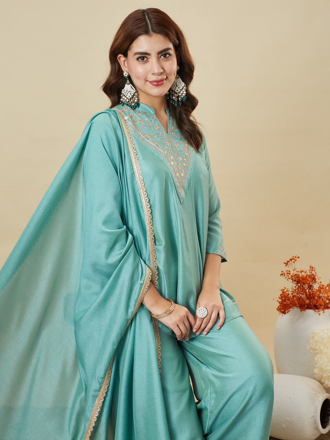 C-Green Silk Embroidered Kurta Sharara Suit With Dupatta