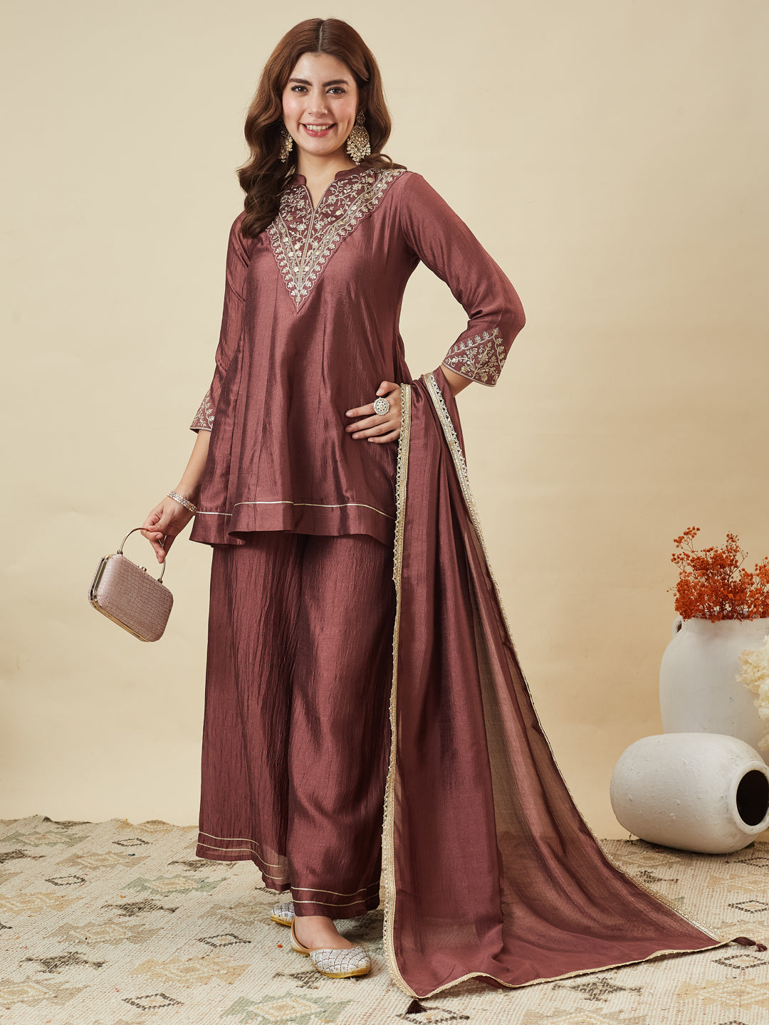 Berry Brown Silk Embroidered Kurta Sharara Suit With Dupatta