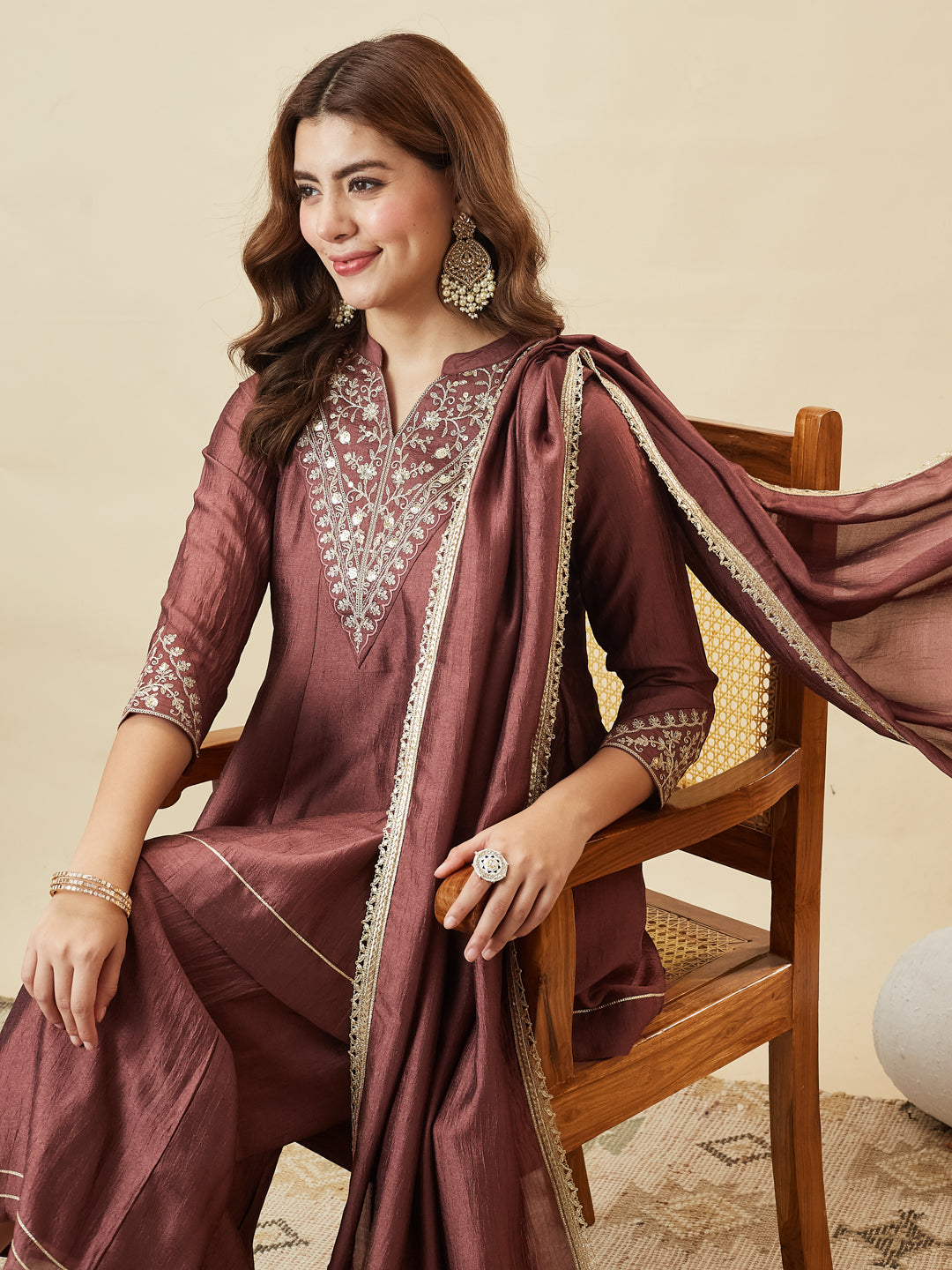 Berry Brown Silk Embroidered Kurta Sharara Suit With Dupatta