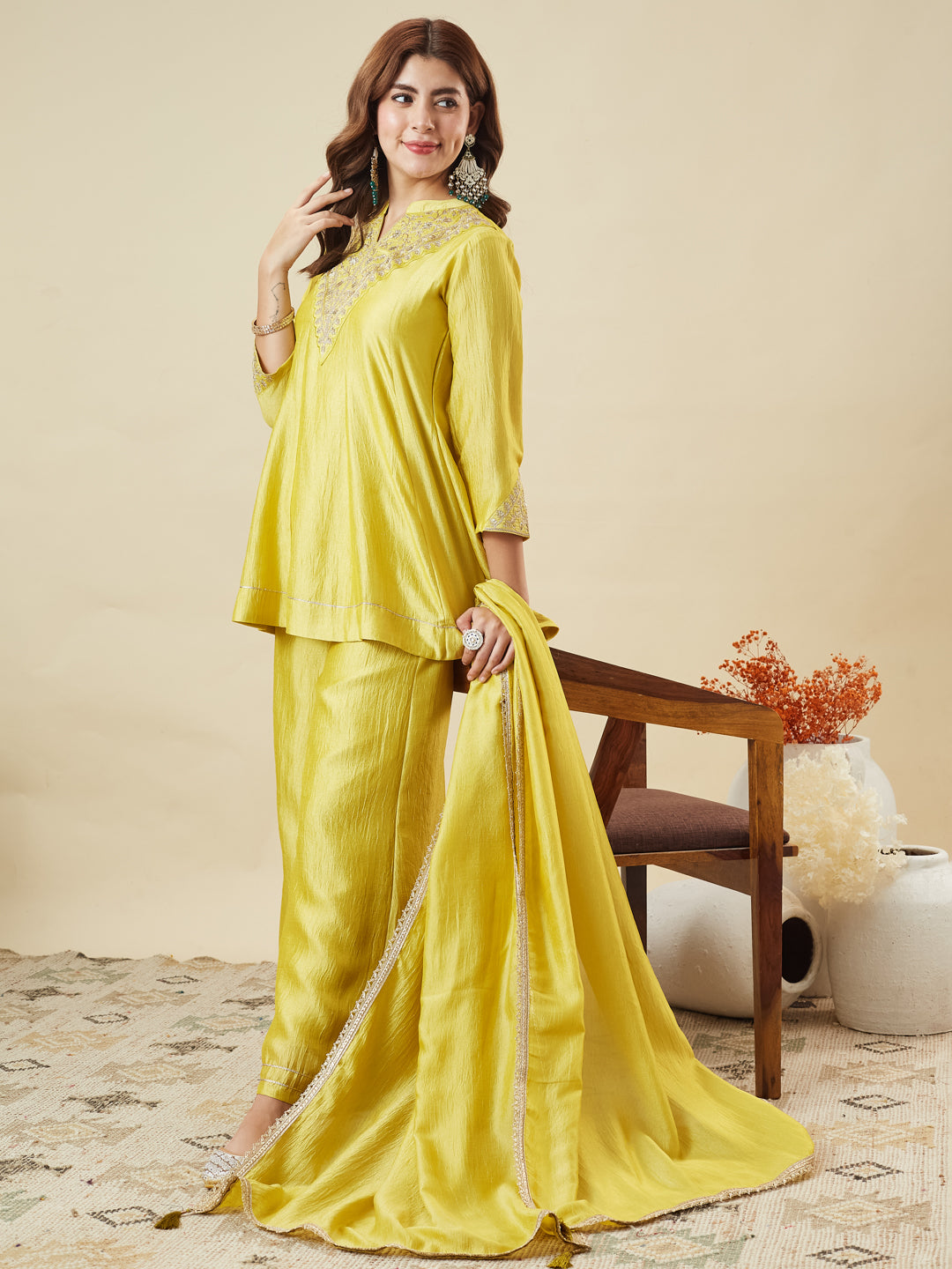 Yellow Silk Embroidered Kurta Sharara Suit With Dupatta