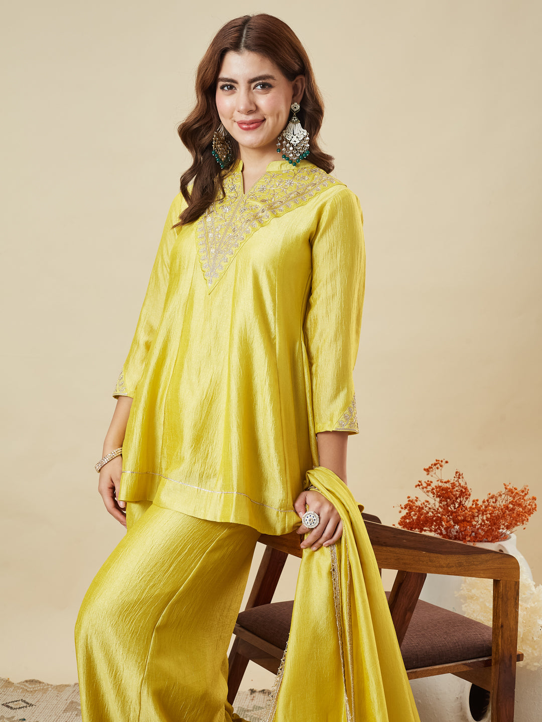 Yellow Silk Embroidered Kurta Sharara Suit With Dupatta