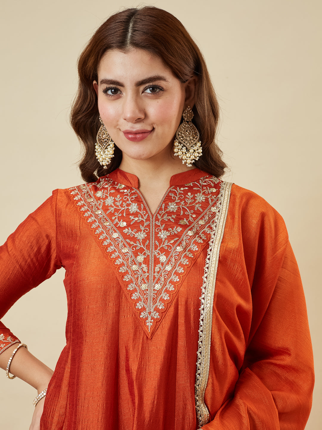 Orange Silk Embroidered Kurta Sharara Suit With Dupatta
