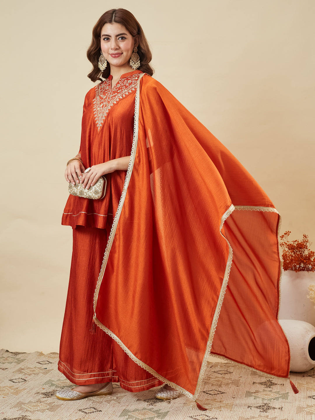 Orange Silk Embroidered Kurta Sharara Suit With Dupatta