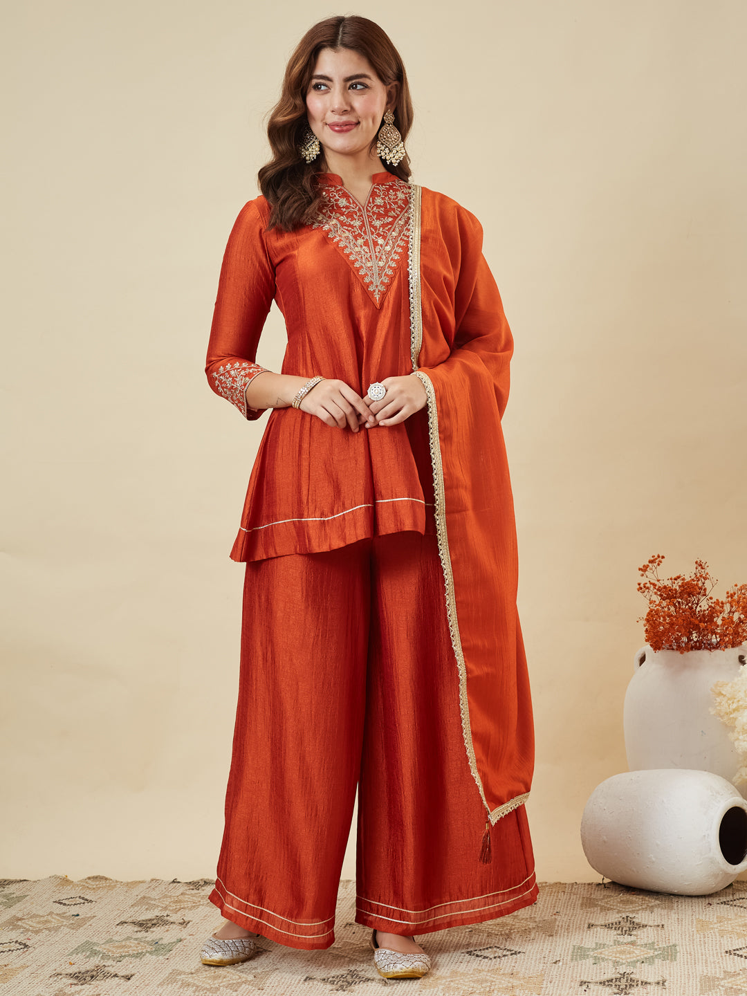 Orange Silk Embroidered Kurta Sharara Suit With Dupatta