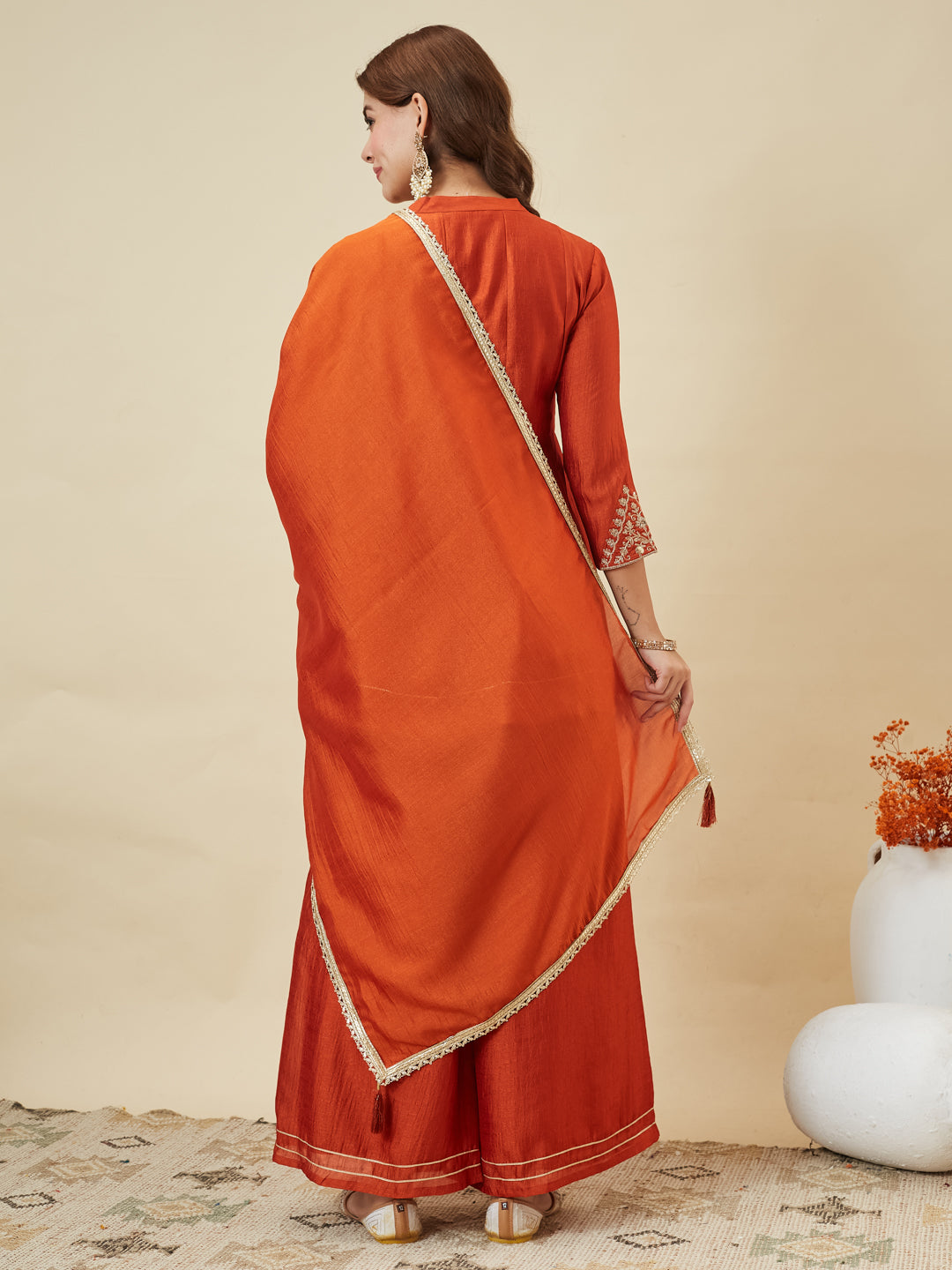 Orange Silk Embroidered Kurta Sharara Suit With Dupatta