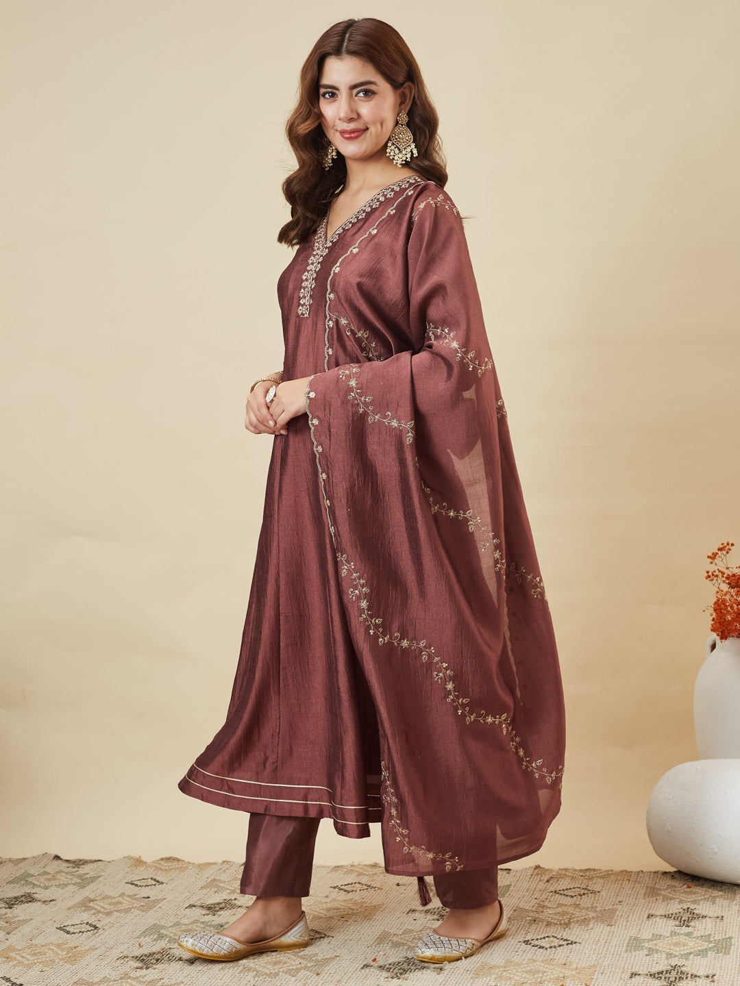 Maroon Silk Embroidered Anarkali Kurta with Dupatta Set