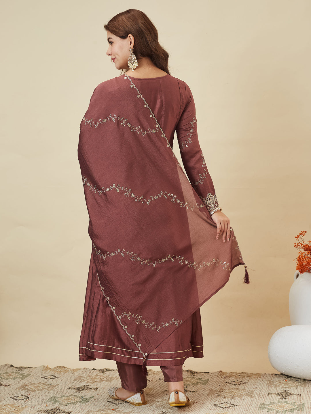 Maroon Silk Embroidered Anarkali Kurta with Dupatta Set | back side