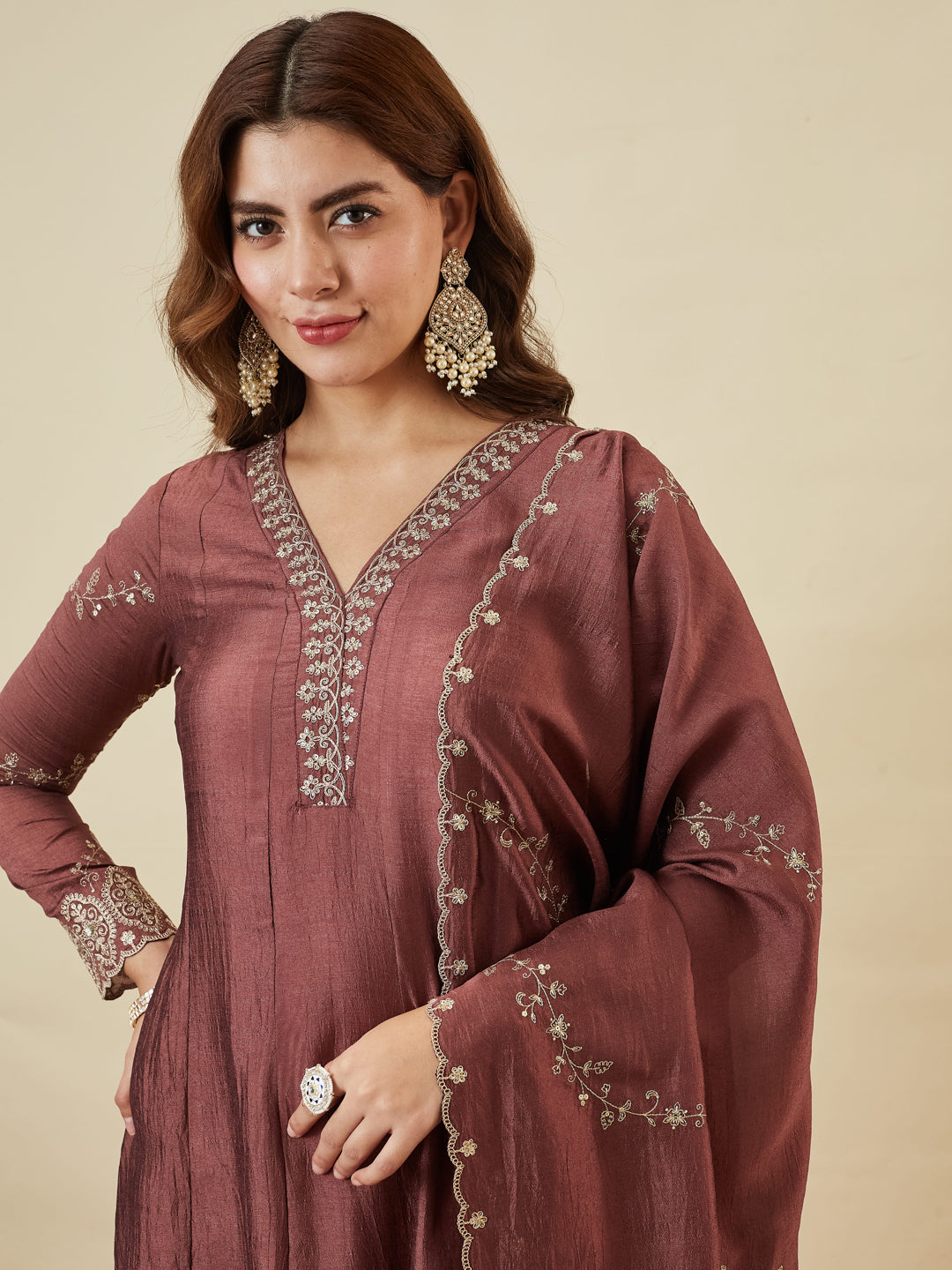 Maroon Silk Embroidered Anarkali Kurta with Dupatta Set