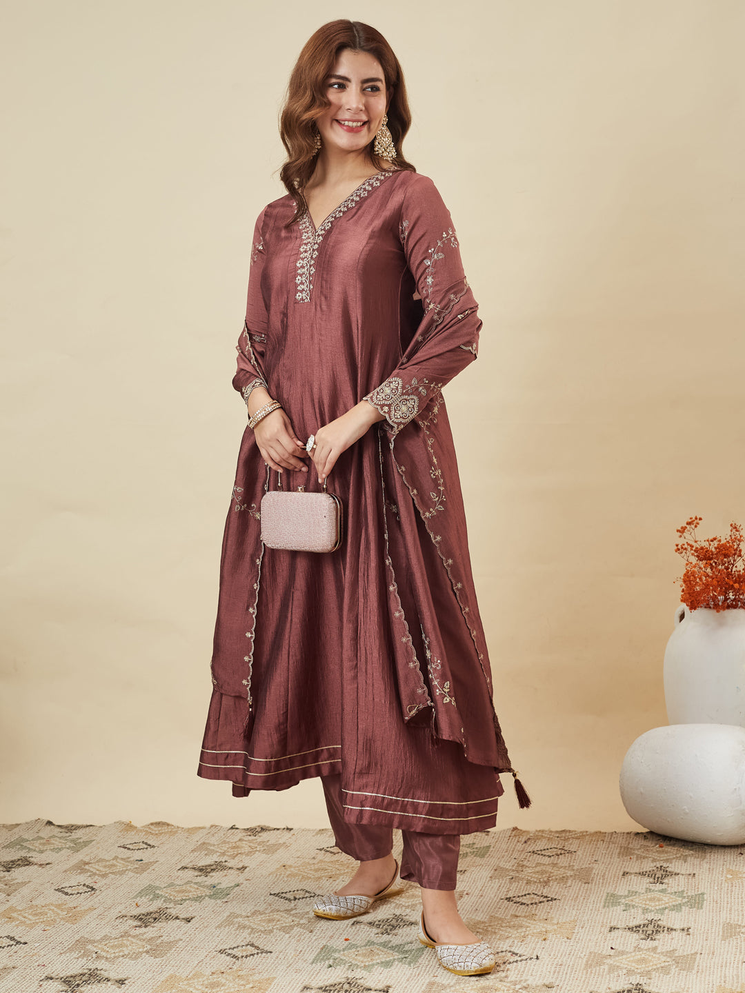 Maroon Silk Embroidered Anarkali Kurta with Dupatta Set