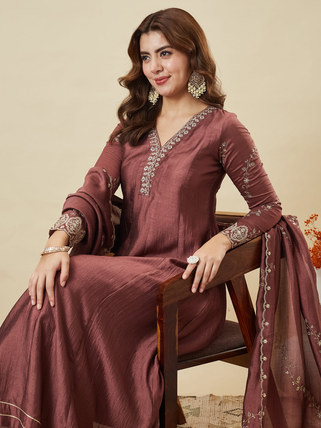 Maroon Silk Embroidered Anarkali Kurta with Dupatta Set