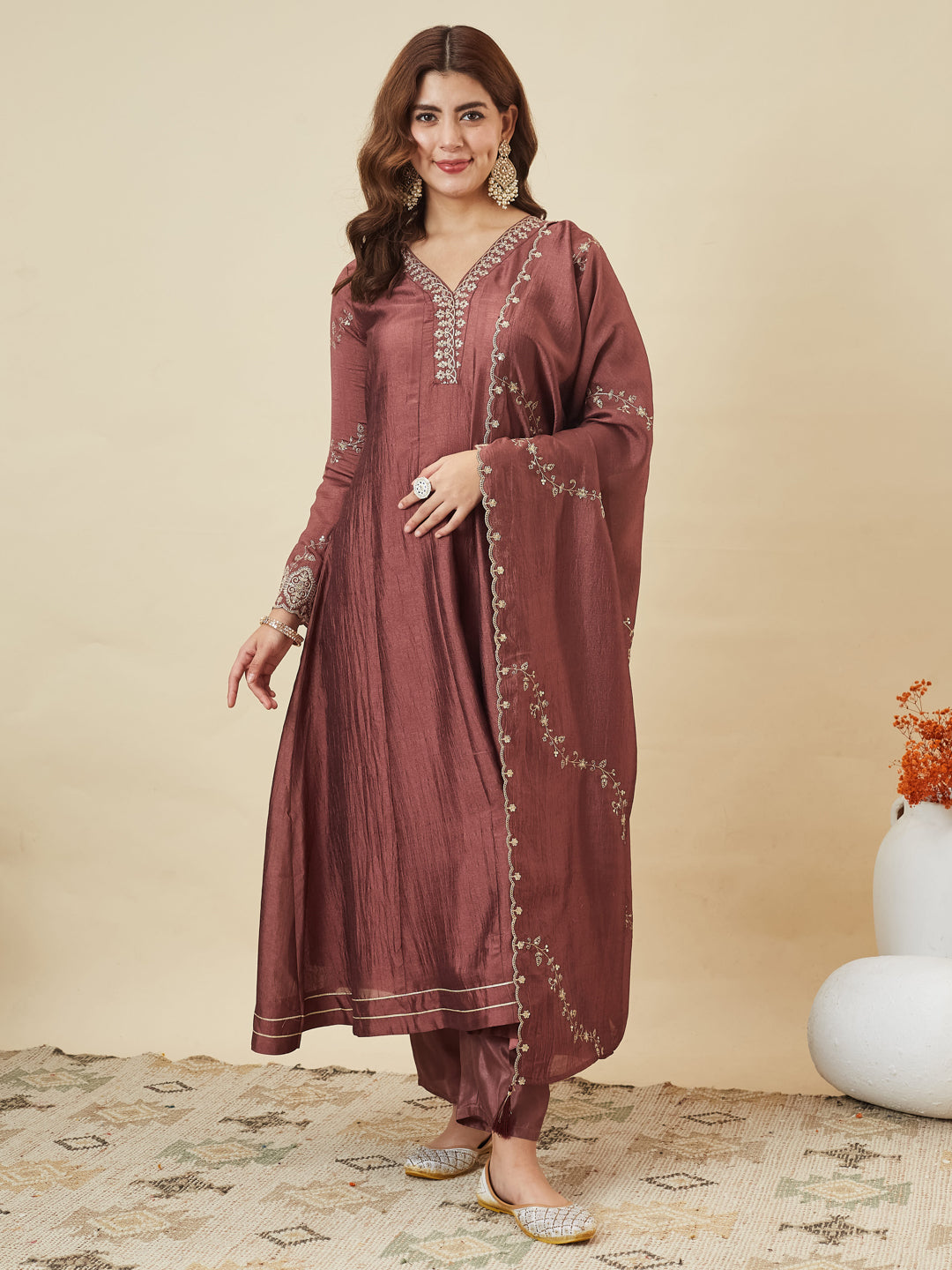 Maroon Silk Embroidered Anarkali Kurta with Dupatta Set