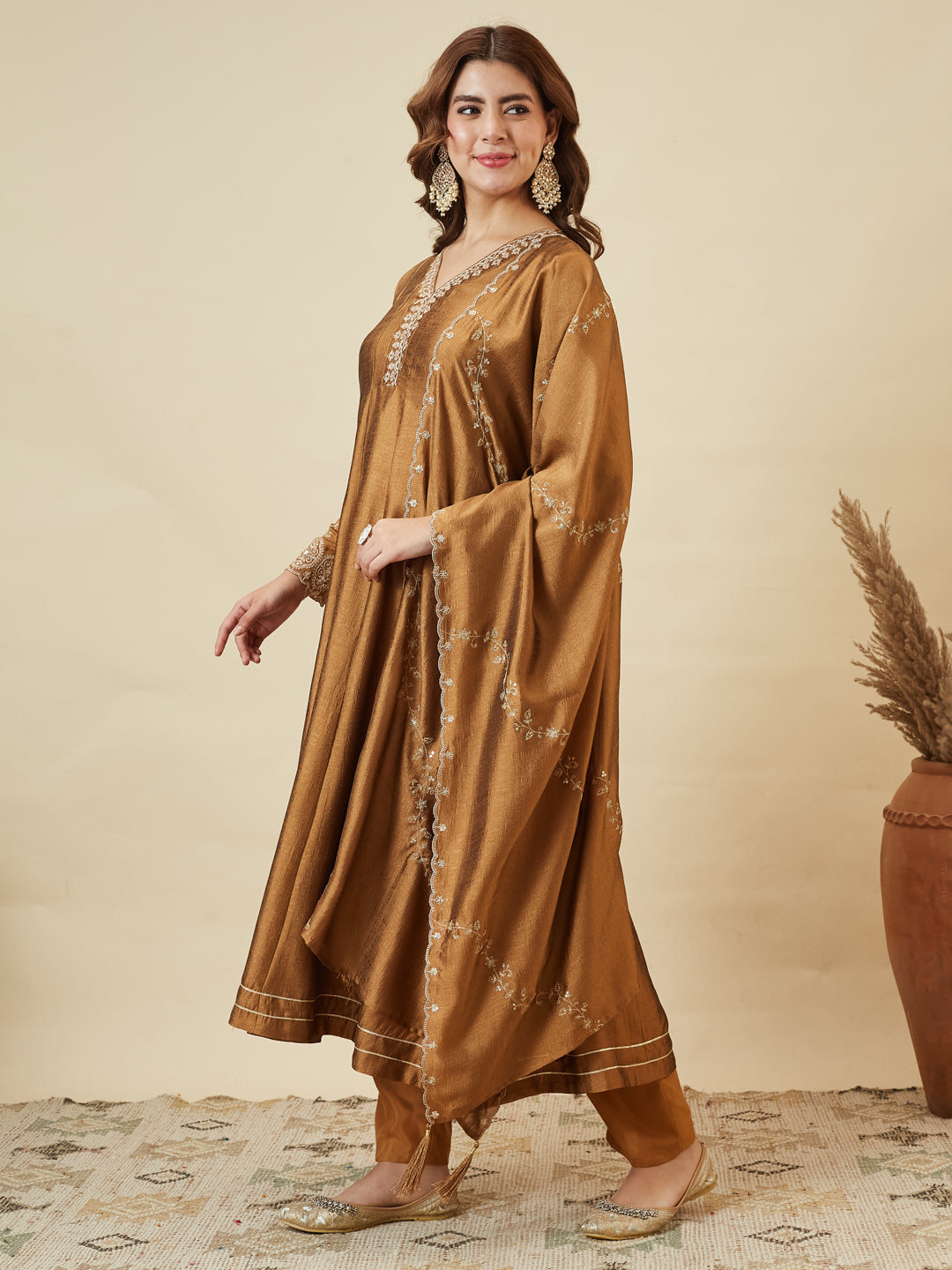Golden Silk Embroidered Anarkali Kurta with Dupatta Set