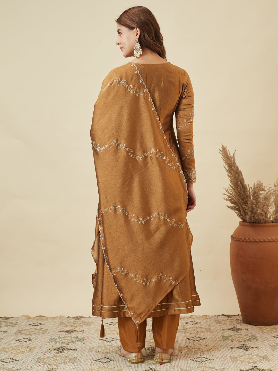 Golden Silk Embroidered Anarkali Kurta with Dupatta Set