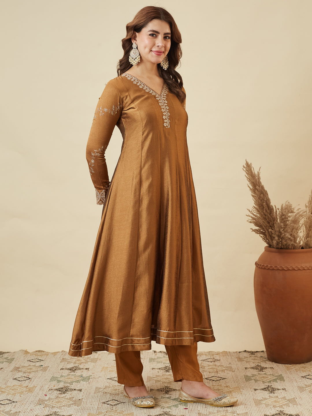 Golden Silk Embroidered Anarkali Kurta with Dupatta Set