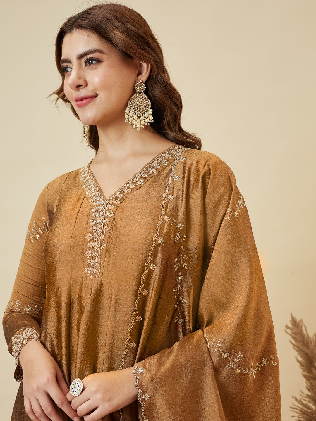 Golden Silk Embroidered Anarkali Kurta with Dupatta Set