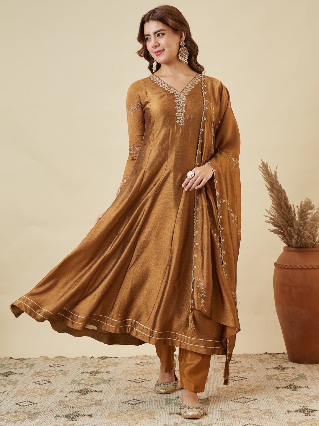 Golden Silk Embroidered Anarkali Kurta with Dupatta Set