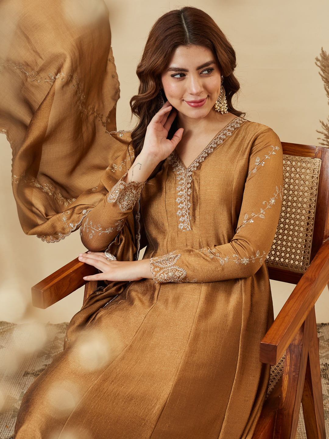 Golden Silk Embroidered Anarkali Kurta with Dupatta Set