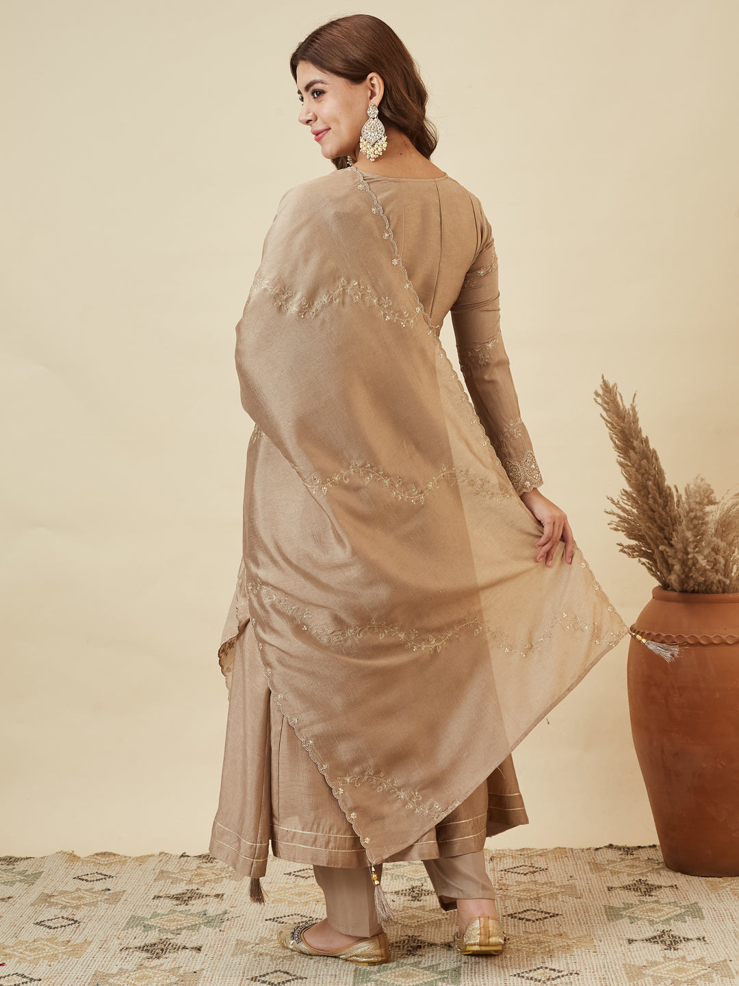 Beige Silk Embroidered Anarkali Kurta with Dupatta Set
