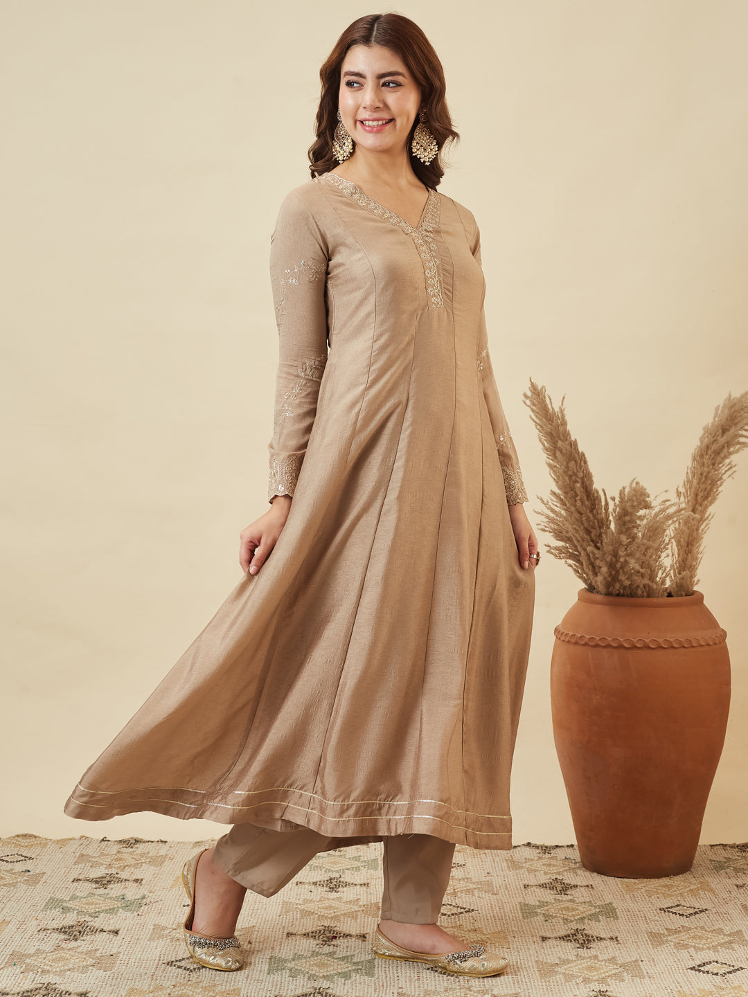 Beige Silk Embroidered Anarkali Kurta with Dupatta Set