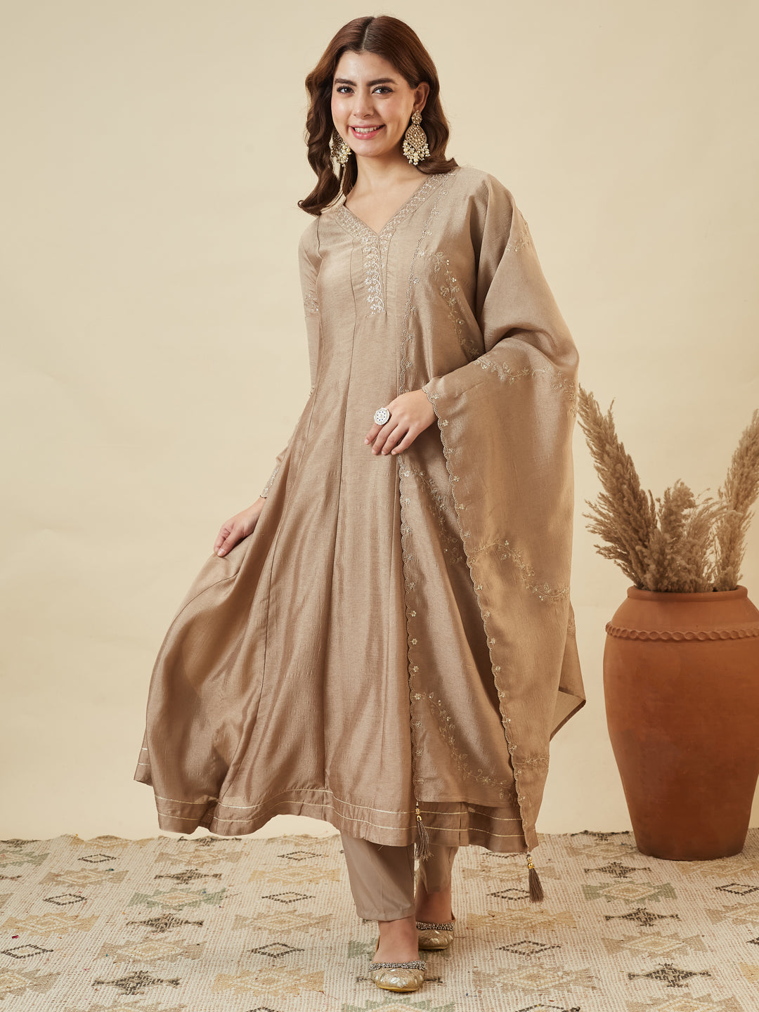 Beige Silk Embroidered Anarkali Kurta with Dupatta Set