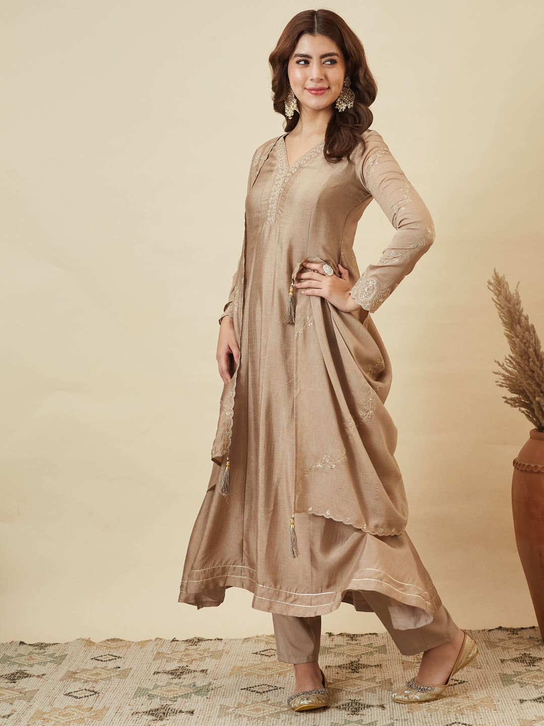 Beige Silk Embroidered Anarkali Kurta with Dupatta Set
