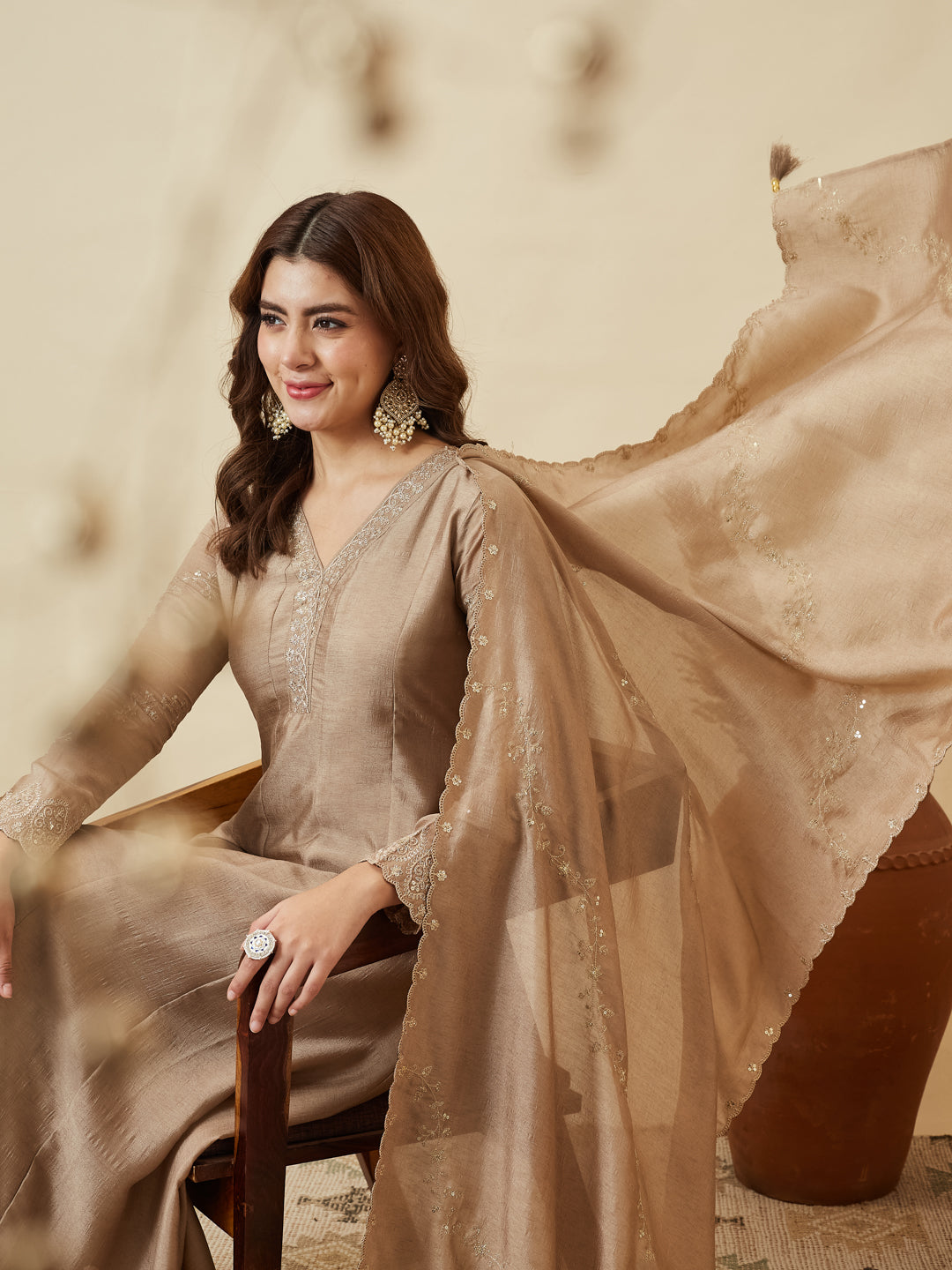 Beige Silk Embroidered Anarkali Kurta with Dupatta Set