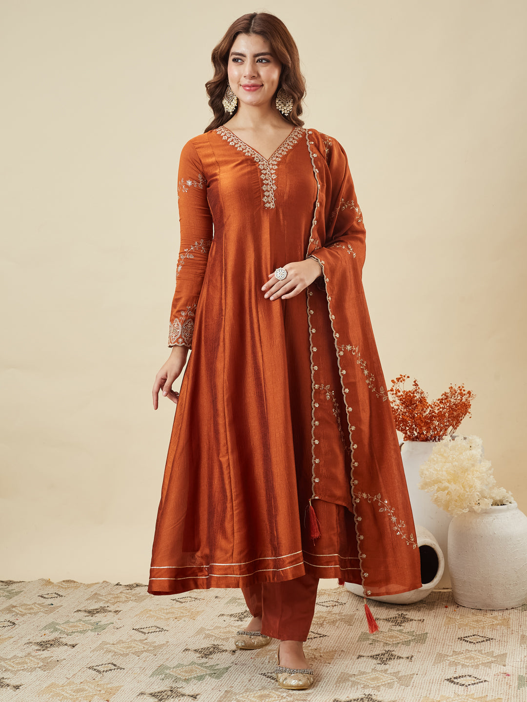 Rust Silk Embroidered Anarkali Kurta with Dupatta Set | left side dupatta full front image