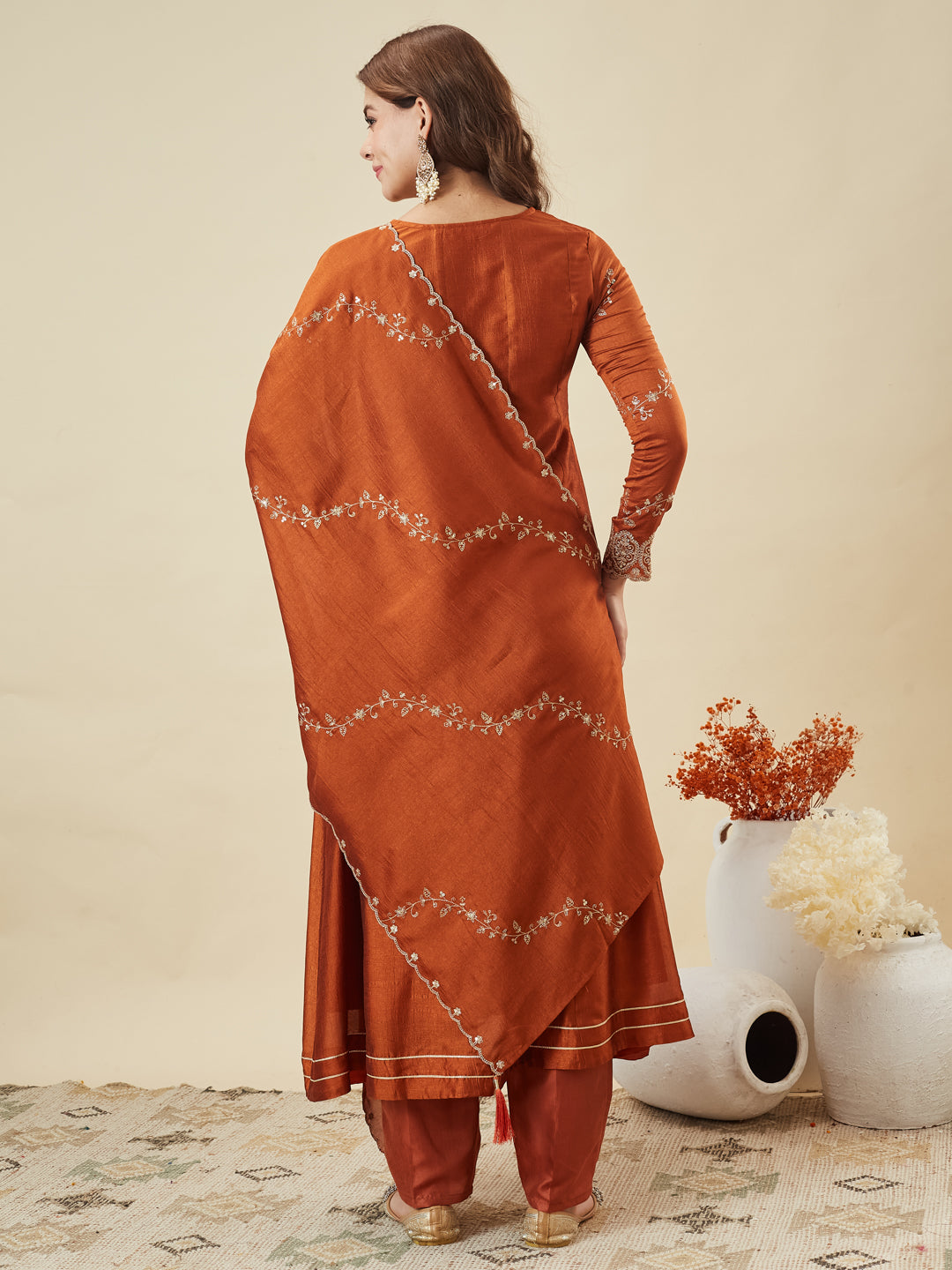Rust Silk Embroidered Anarkali Kurta with Dupatta Set | backside full image
