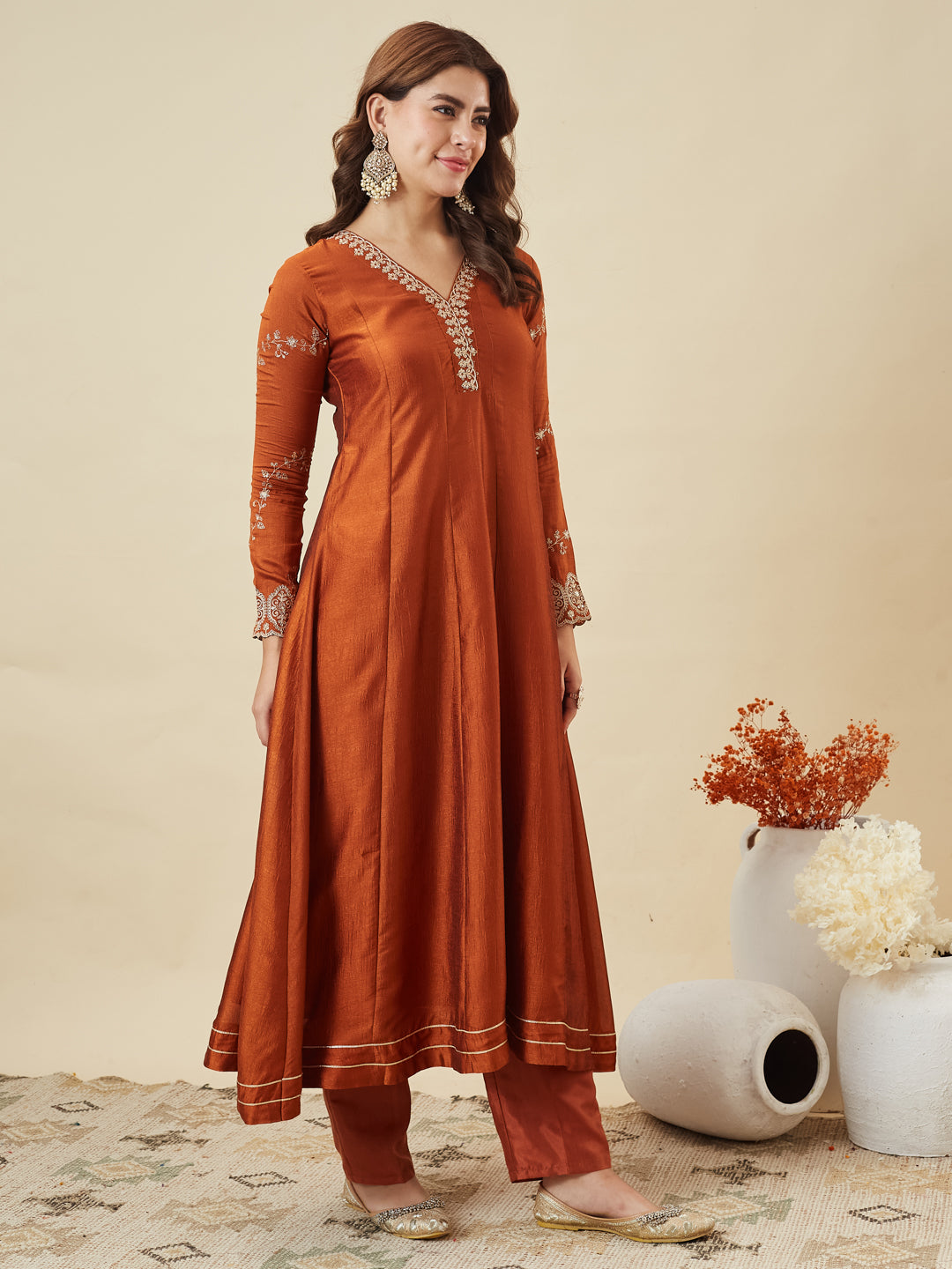 Rust Silk Embroidered Anarkali Kurta with Dupatta Set